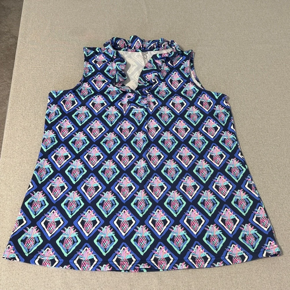 Lulu-B Pineapple Print Sleeveless Ruffle Blouse SZM - Picture 9 of 10